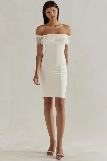 White Sheath Off the Shoulder Graduation Dress with Fringes
